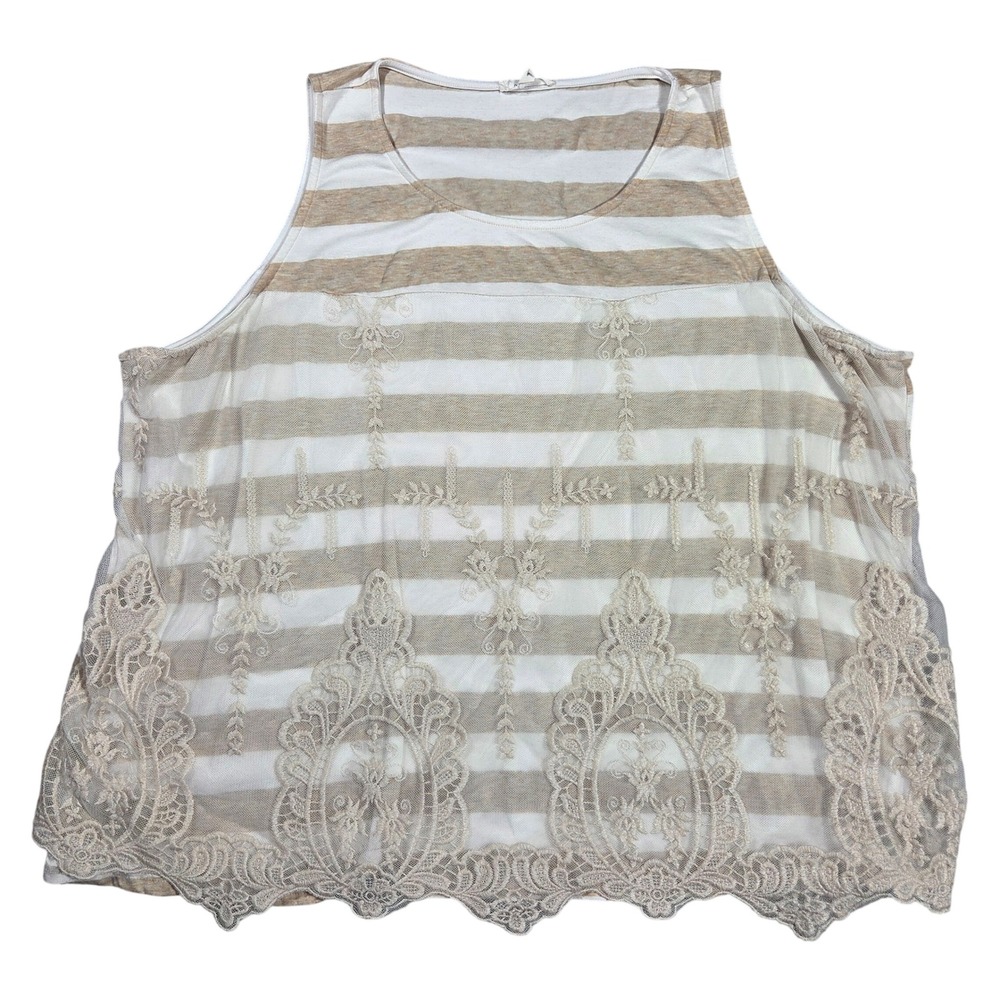 Maurices Womens Size 3 Tan White Striped Lace Overlay Sleeveless Tank Top Boho